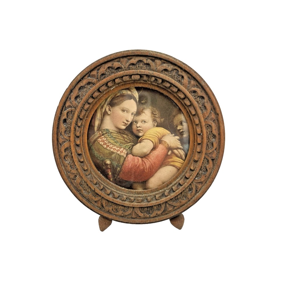 Antique Carved Wood Round Framed Print Madonna Of The Chair By Raphael 3.75"
